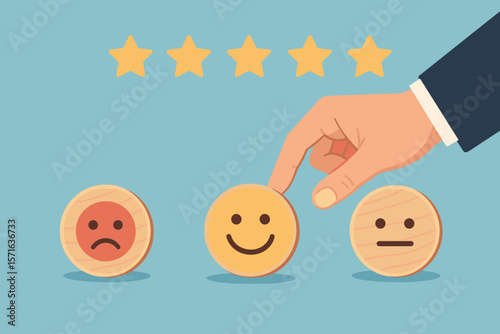Customer satisfaction survey concept. Businessman hand selecting happy smiley face on wooden block. Five star rating, feedback evaluation, positive review, flat vector illustration