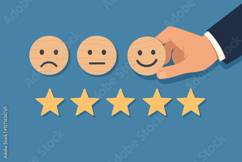Customer satisfaction survey concept. Businessman hand selects happy smiley face wood block. Five star rating. Positive feedback. Quality service review. Flat vector illustration