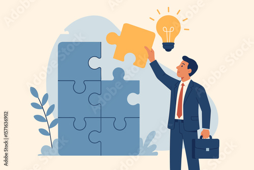 Businessman Solving Puzzle Problem, Finding Creative Solution, Completing Task, Connecting Jigsaw Piece, Innovation, Idea, Success, Overcoming Challenge, Business Achievement