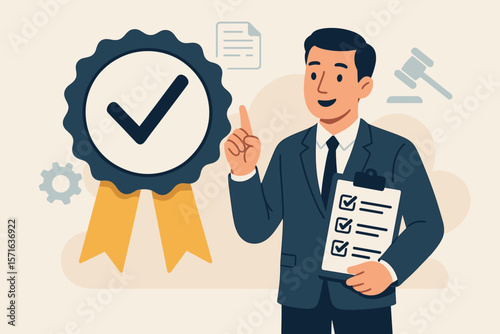 Regulatory compliance and quality assurance. Standardization and certification concept with a manager, document, gavel, gear, and award ribbon with checkmark. Modern flat vector illustration.
