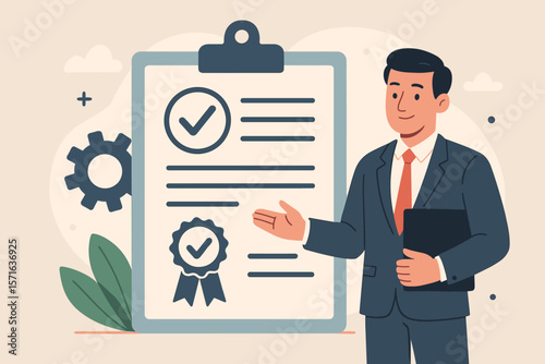 Business manager presenting standardization and certification concept, compliance with regulations, quality assurance, checklist, process improvement, flat vector illustration