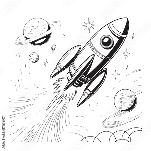 A retrostyle rocket ship blasts off into a starry expanse, soaring past planets and celestial bodies