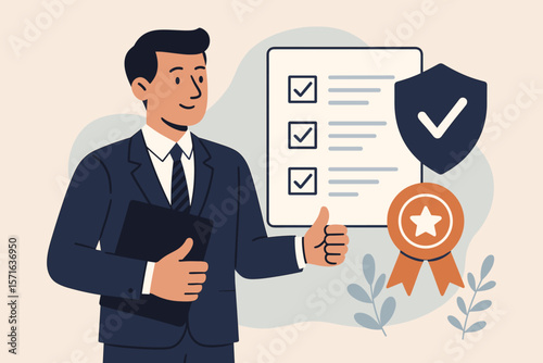 Business manager with checklist, certification badge, shield, and compliance icons. Standardization, quality assurance, regulatory approval, audit, and corporate standards concept.