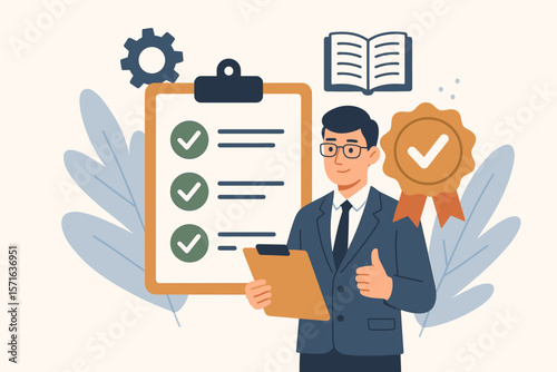 Business manager with checklist, certification badge, compliance to regulations, quality assurance, standardization, audit process, successful evaluation, flat vector illustration