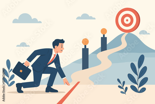 Businessman Starting New Career Journey Reaching Goals, Overcoming Challenges, Entrepreneurship Success, Achieving Milestones, Motivation, Ambition, Target Achievement Concept