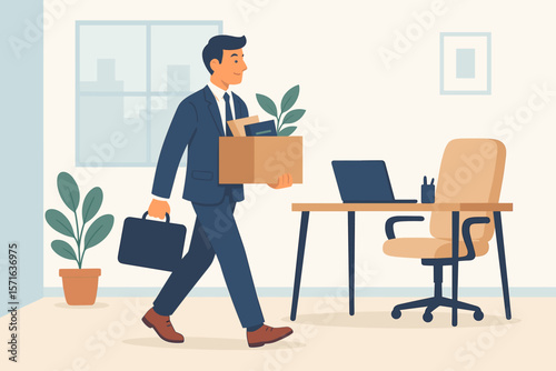 Businessman Starting New Job Carrying Box and Briefcase, Employee Onboarding, Career Change, Moving to New Office, Recruitment, Employment Opportunity, Corporate Workplace