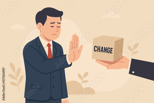 Businessman Refusing Change Concept. Status Quo Bias, Fear of Change, Comfort Zone, Risk Aversion, Conservative Thinking, Resistance to Decision, Hand Gesture Denial Illustration