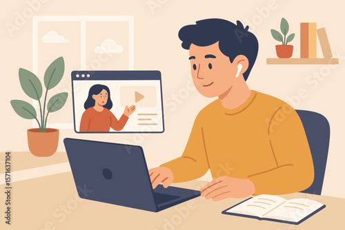 Online learning concept, young adult studying at home with laptop, virtual class, e-learning, remote education, internet training, digital skills development, distance knowledge