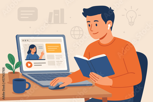 Online learning, remote education, e-learning course, young adult studying at home with laptop, training, skill development, virtual classroom, knowledge, digital study workspace