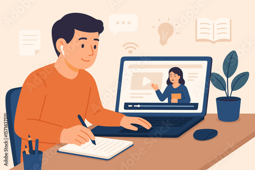 Online education concept, remote learning, e-learning, virtual classroom, young adult studying with laptop, taking notes, internet course, digital training, knowledge development