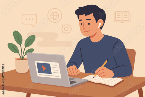 Online Learning Concept, Young Adult Studying at Desk with Laptop, Taking Notes, E-Learning Course, Remote Education, Digital Training, Skill Development, Virtual Classroom