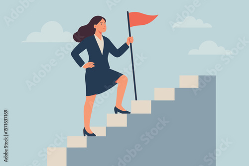 Ambitious businesswoman climbing career ladder, holding red flag, leadership, success, achievement, female entrepreneur, professional growth, challenge, goal accomplishment
