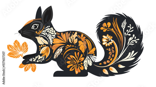 Ornamented Squirrel Folk Art Silhouette for Creative Designs