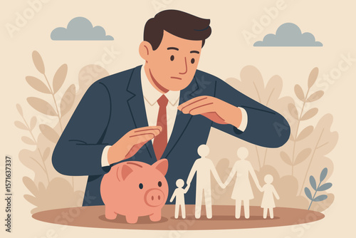 Financial protection insurance concept. Businessman in suit shielding piggy bank and family. Savings security, wealth management, investment safety, family finance planning illustration.