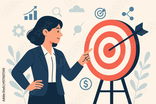 Businesswoman Achieving Goals, Hitting Target with Arrow, Business Success Strategy, Leadership, Motivation, Flat Vector Illustration, Financial Growth, Productivity Concept