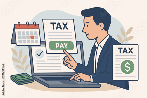 Online tax payment and income tax calculation on laptop, businessman filing taxes before deadline, financial paperwork, refund or revenue, digital tax duty concept illustration
