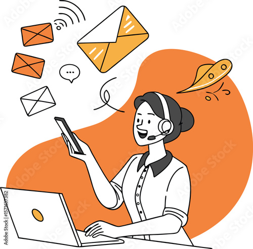 Customer Support Agent with Headset, Sending and Receiving Messages - Vector Illustration for Communication and Helpdesk Services
