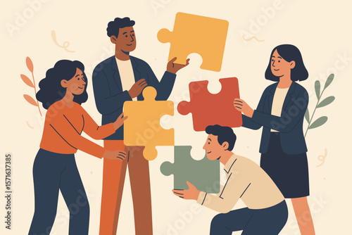 Business team collaboration concept. Diverse colleagues connecting jigsaw puzzle pieces. Teamwork, problem solving, cooperation, partnership, office success, coworker support.