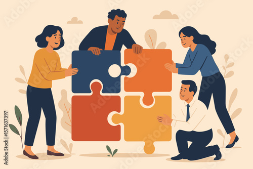Business team collaboration concept. Diverse colleagues connecting giant jigsaw puzzle pieces. Teamwork, cooperation, problem solving, partnership, coworker support, success strategy.