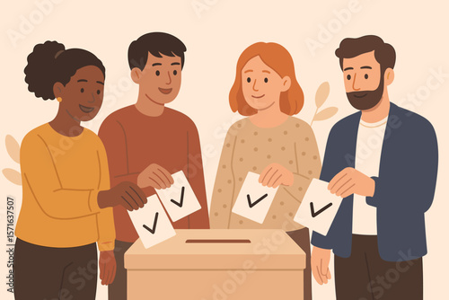 Diverse group of people casting ballots in voting box. Election, poll, referendum, democracy, political choice, opinion survey, employee feedback, customer questionnaire concept