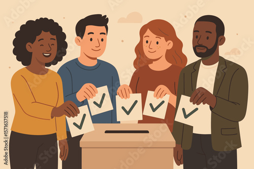 Diverse group of people voting at ballot box. Election, democracy, political choice, survey, referendum, opinion poll. Multicultural teamwork, civic engagement concept illustration