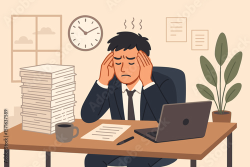 Overworked businessman stressed at office desk, overwhelmed by paperwork, deadline pressure, workplace anxiety, fatigue, burnout, mental exhaustion, corporate frustration concept
