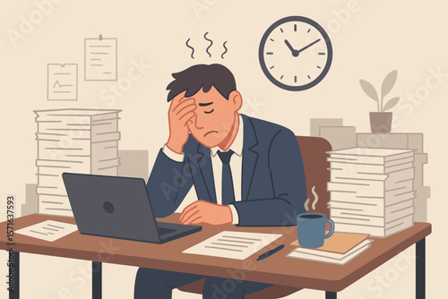 Stressed businessman overwhelmed by paperwork and deadlines, office fatigue, burnout, anxiety, exhaustion, headache, overworked employee, project pressure, workplace mental health