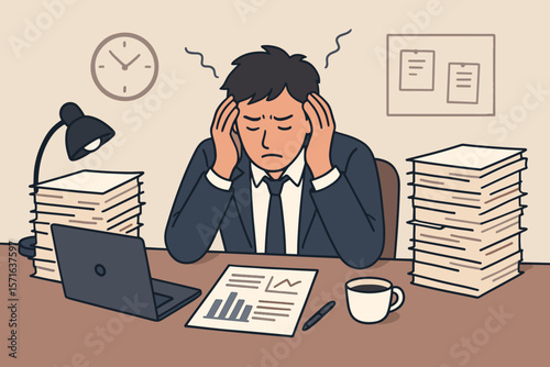 Overworked stressed businessman at office desk overwhelmed by paperwork, deadline pressure, anxiety, fatigue, exhaustion, burnout, headache, corporate workplace stress concept