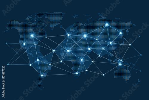 Global network connection on digital world map. Abstract technology background with glowing points and lines. Data transfer, communication, internet, worldwide business concept