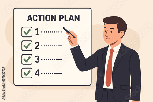 Action plan step by step checklist concept. Businessman presents project progress and task completion. Procedure for work development, finishing goals, and strategic management.