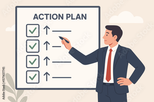 Action plan step by step checklist for project progress. Businessman presents strategy, procedure, and action steps to develop and complete work. Goal achievement concept.
