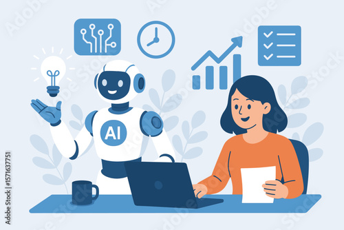 Artificial intelligence boosting productivity. AI robot helping woman with work efficiency, new ideas, automation. Smart assistant technology for business task management.