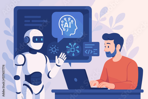 Man programmer interacts with smart robot. Artificial intelligence, AI technology, machine learning concept. Developer using laptop for coding, programming, neural network development.