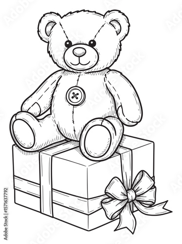 Teddy Bear Sitting on Gift Box - Black and White Line Art Illustration