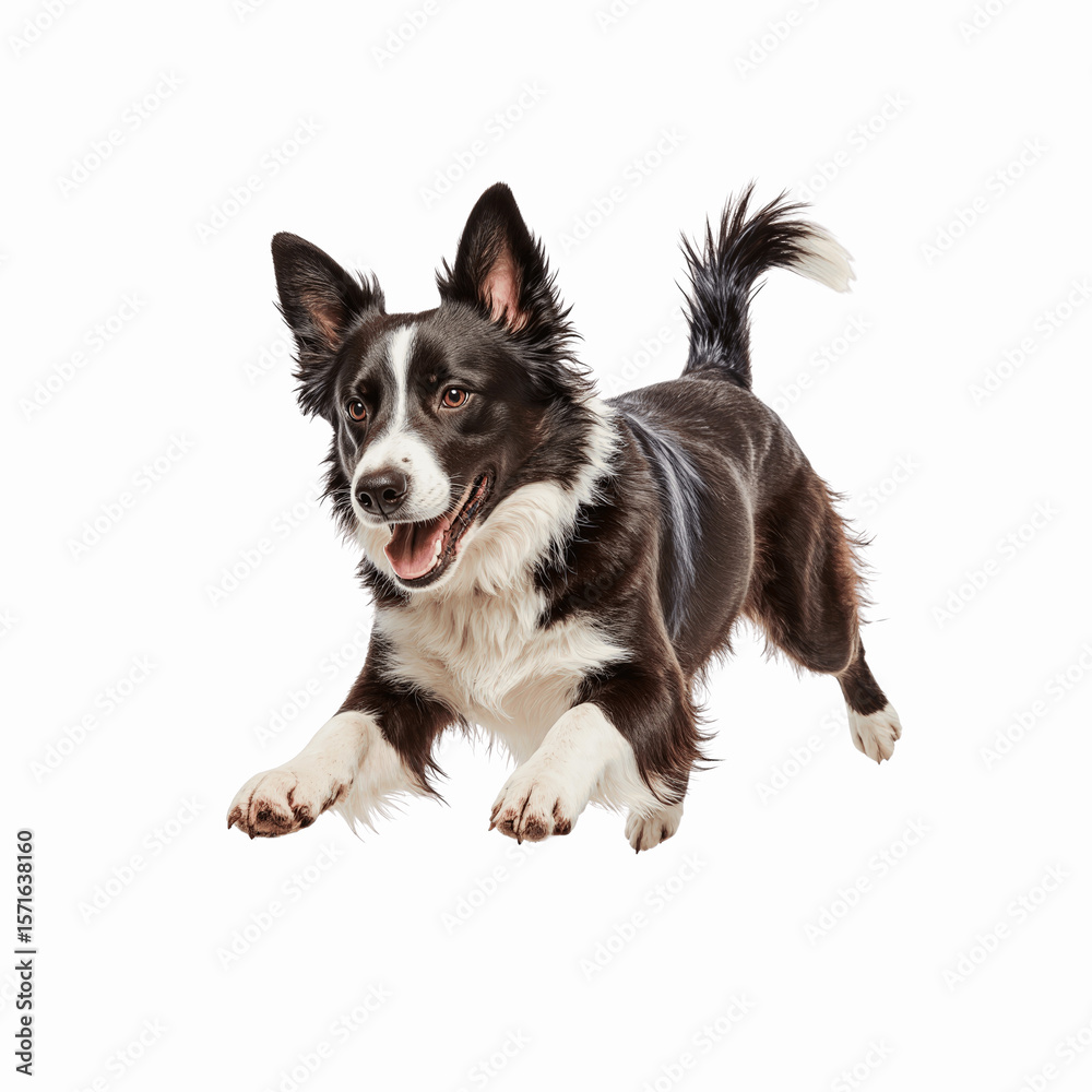 Fototapeta premium Energetic Border Collie in Mid-Air: A dynamic capture of a Border Collie in mid-air, showcasing the breed's agility and exuberance, capturing the pure joy and vitality of the canine spirit.