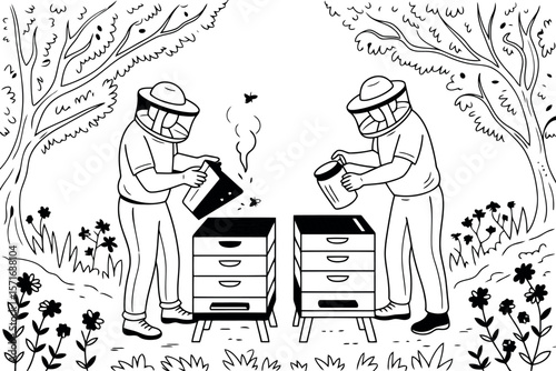  two beekeepers, dressed in protective suits, tending to beehives in an outdoor setting, all in a black and white outline style.