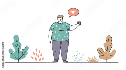 Plus-size man holding a drink and expressing love in a cheerful outdoor illustration
