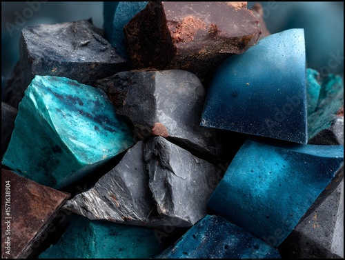 Teal, brown, gray stone fragments closeup, dark background, artisan crafting