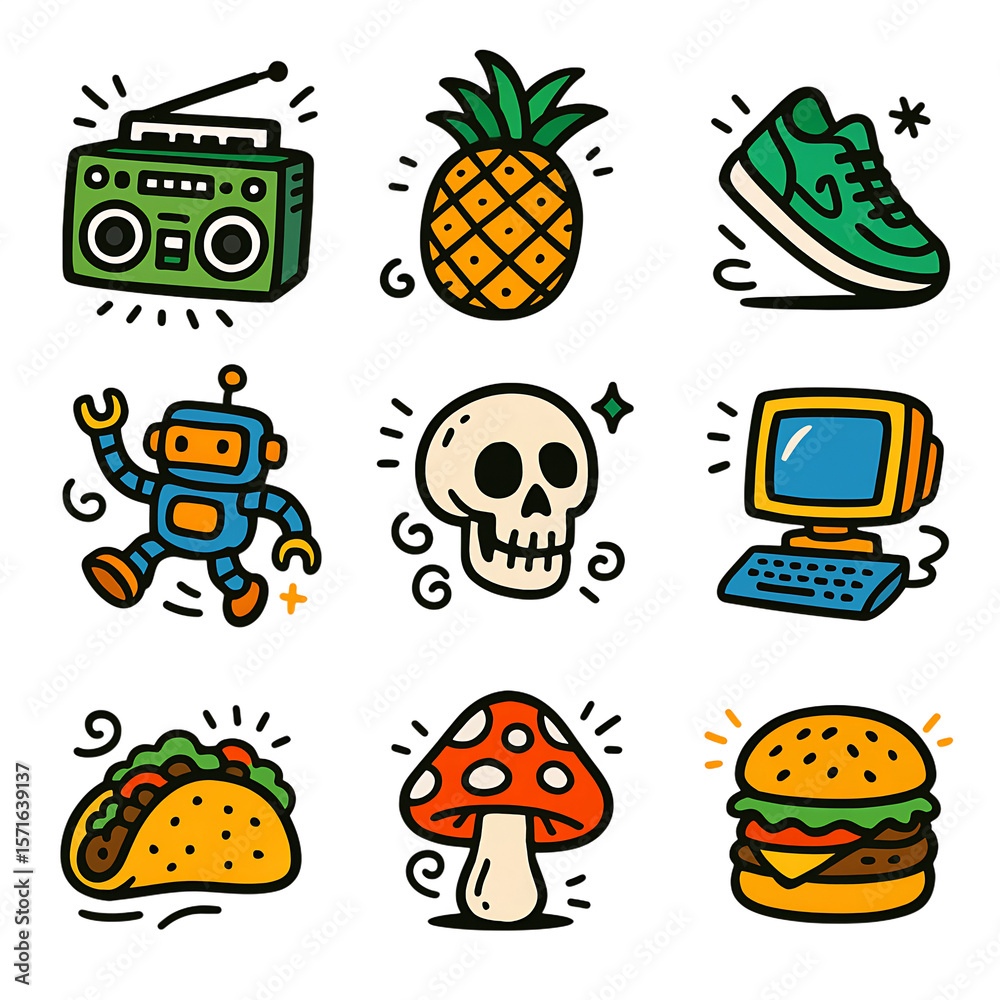Fototapeta premium Colorful doodle icons of food, technology, and fun objects 
