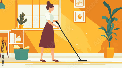 Efficient Housekeeper Mopping Floor in Professional Setting