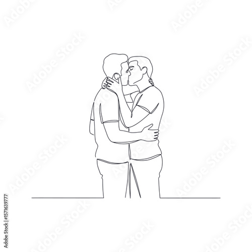 One Line Drawing Gay Couple Kissing LGBTQ Love Illustration Romantic Artwork