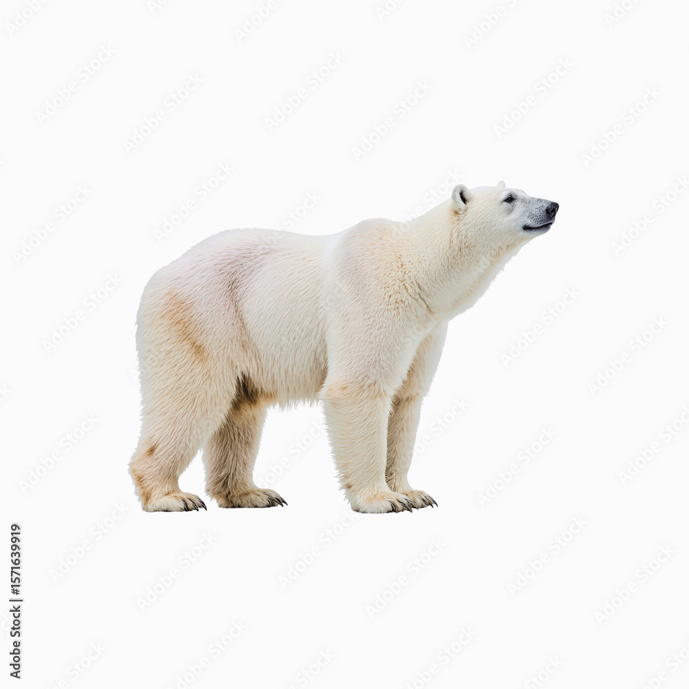 Fototapeta premium Majestic Polar Bear: A striking portrait of a formidable polar bear, showcasing its pristine white coat and powerful physique, symbolizing the strength and beauty of Arctic wildlife.
