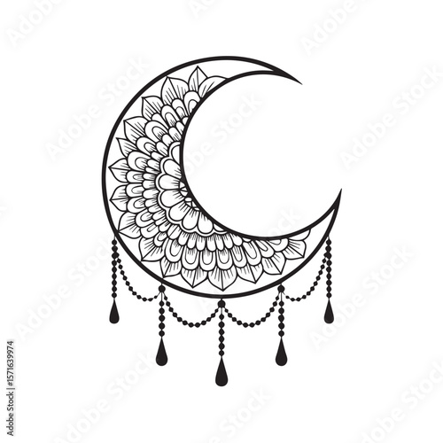 An exquisite crescent moon adorned with an intricate mandala pattern and delicate hanging beads, perfect for adding an enchanting touch to your designs