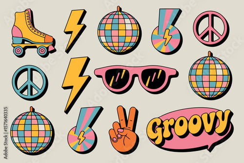  a collection of colorful icons designed in a retro, 70s-inspired style, including roller skates, lightning bolts, disco balls, peace signs, sunglasses, and a "groovy" speech bubble.