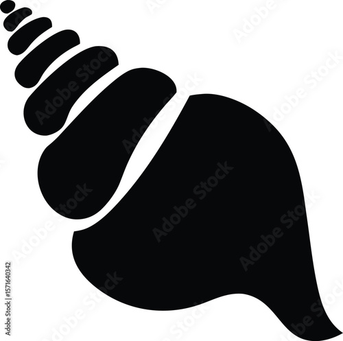 Conch shell silhouette with spiral taper and flared opening for coastal marine icon