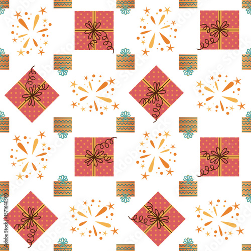 Seamless vector pattern with festive gift boxes, polka dots, ribbon bows and stylized fireworks. Perfect for festive wrapping paper, textiles and party decor. Christmas, New Year, Diwali themes.