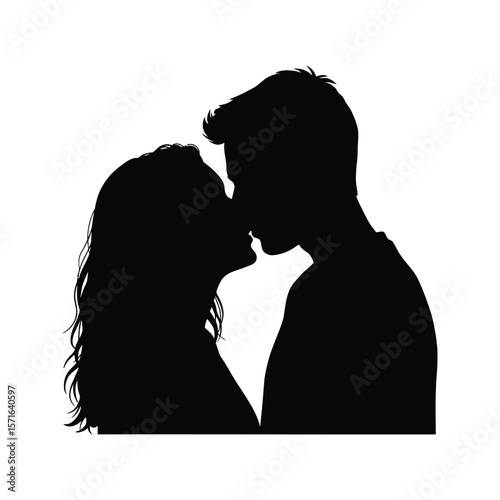 Romantic Couple Silhouette Kissing Man and Woman in Black and White Vector Illustration
