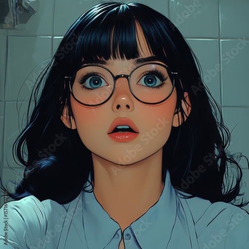A surprised anime-style girl with glasses against a tiled background