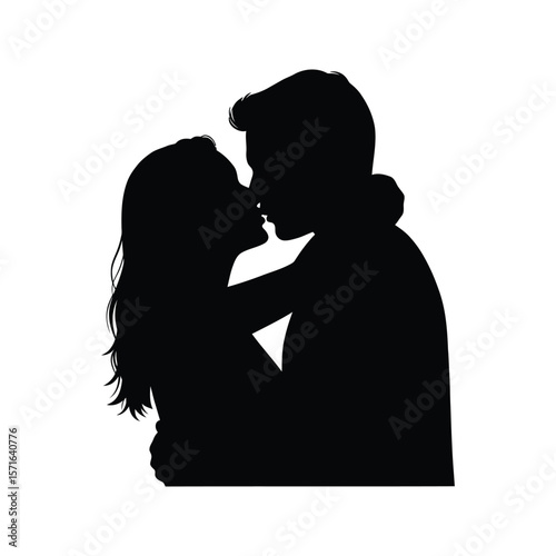 Romantic Couple Silhouette Passionate Kiss Black and White Vector Illustration for Love Romance and Relationship Designs