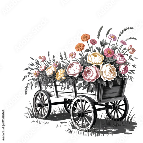 A rustic wooden wagon overflowing with a vibrant bouquet of peonies and zinnias sits in a field, creating a charming country scene
